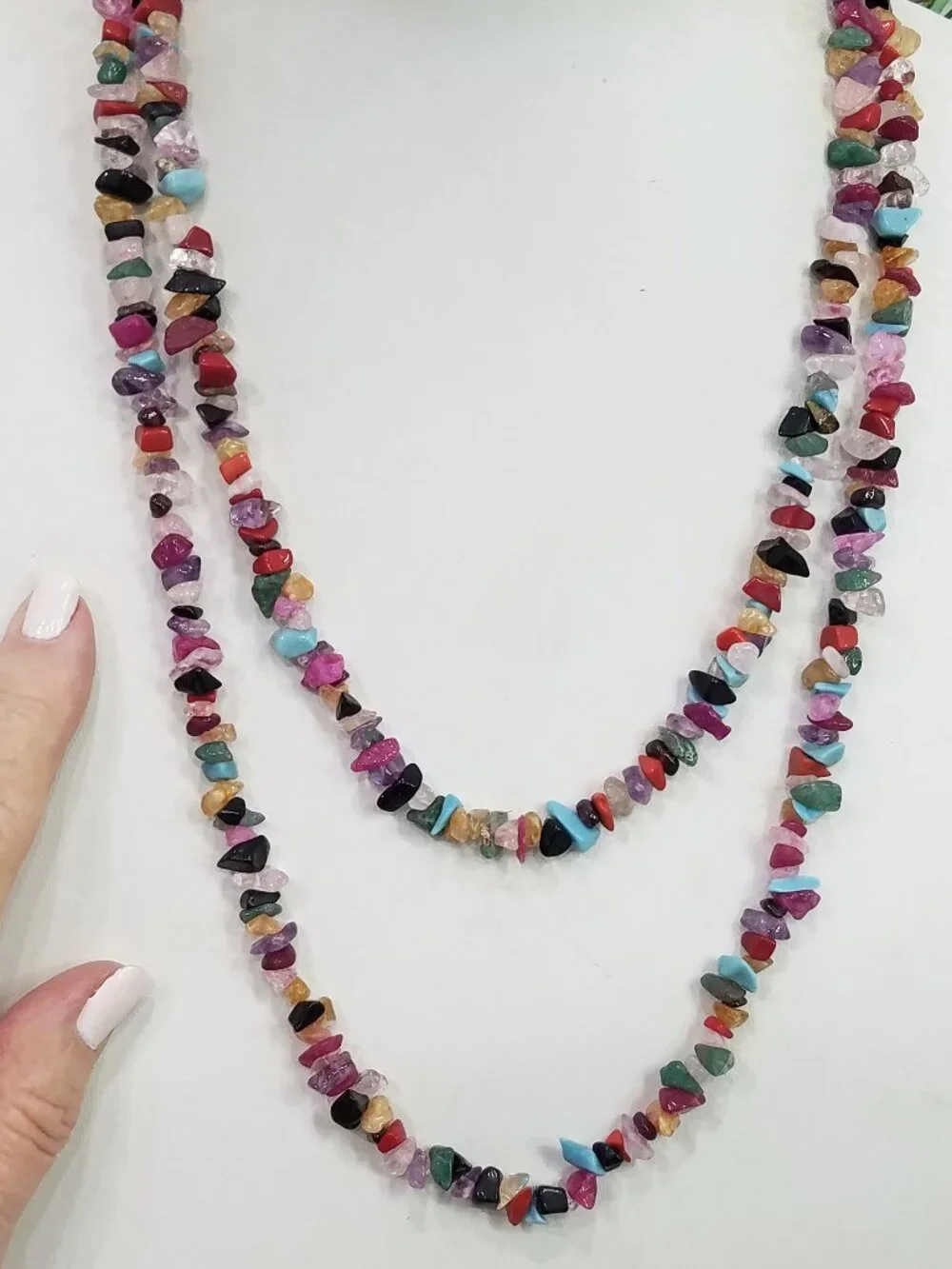 Multicolor Turquoise Onyx Jasper Quartz Gemstone Chip Continuous Loop Necklace